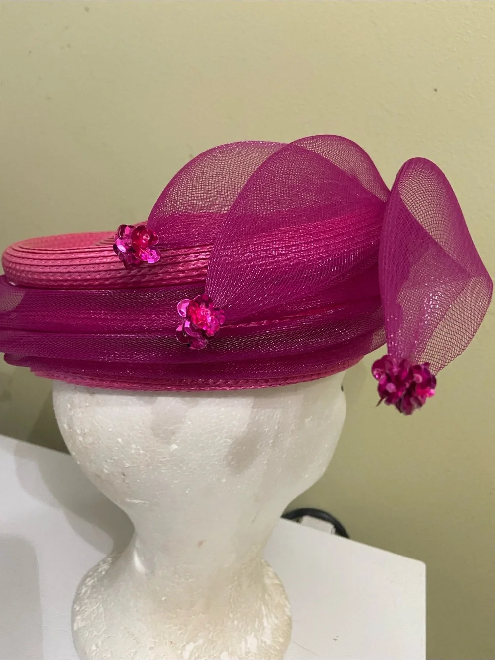 Raspberry Sequin Leaf Fascinator Hat